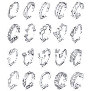 18K White Gold Adjustable Boho Open Toe Rings - Set of 20